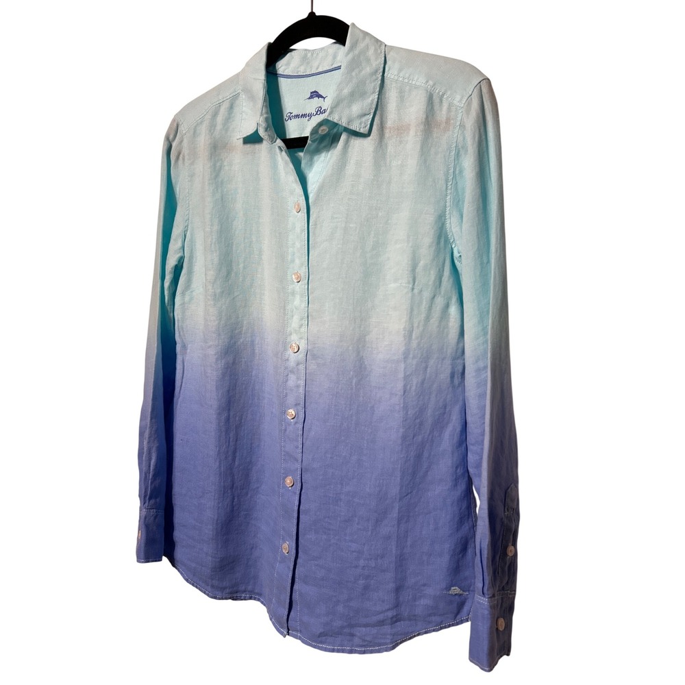 Tommy Bahama Dip Dye Linen Shirt Turquoise‎ Blue Women's XS Lightweight Relaxed
